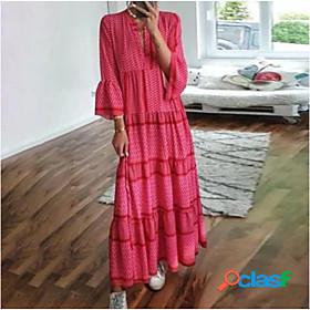 Womens Swing Dress Maxi long Dress Red 3/4 Length Sleeve