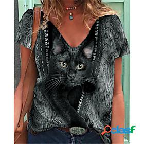 Women's T shirt 3D Cat Cat Graphic 3D V Neck Basic Tops