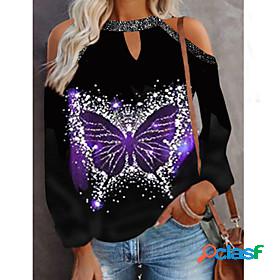 Womens T shirt 3D Cat Cat Graphic Butterfly Round Neck Cut