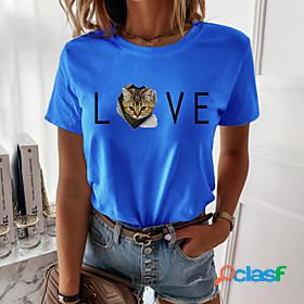 Womens T shirt 3D Cat Painting Cat 3D Peace Love Round Neck