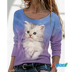Womens T shirt 3D Cat Painting Long Sleeve Cat 3D Animal