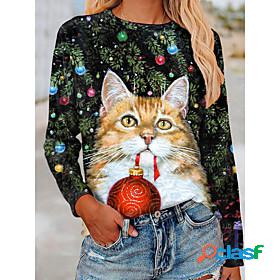 Womens T shirt 3D Cat Painting Long Sleeve Cat Snowflake