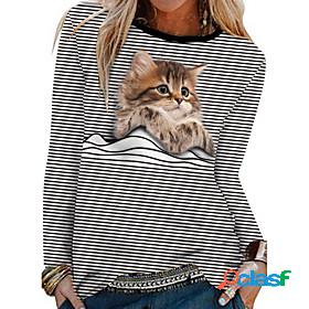 Womens T shirt 3D Cat Painting Striped Cat 3D Round Neck
