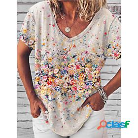 Womens T shirt 3D Printed Floral V Neck Patchwork Print