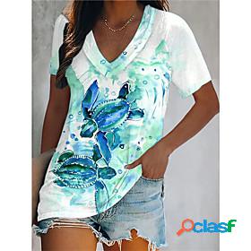 Womens T shirt Animal V Neck Patchwork Print Basic Tops Blue