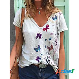 Womens T shirt Butterfly V Neck Tops Basic Basic Top White