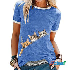 Womens T shirt Cat Cat Graphic Animal Round Neck Patchwork
