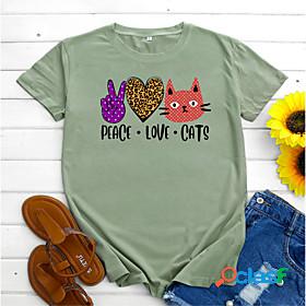 Womens T shirt Cat Cat Heart Leopard Round Neck Print Basic