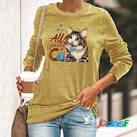 Womens T shirt Cat Cat Letter Round Neck Print Basic Tops