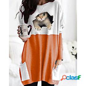 Womens T shirt Cat Graphic 3D Round Neck Pocket Basic Tops