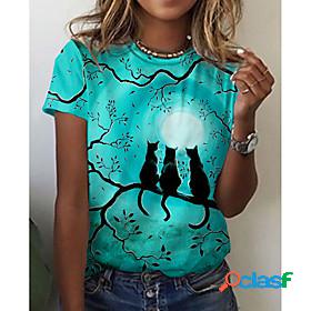 Womens T shirt Cat Painting Cat Animal Round Neck Print