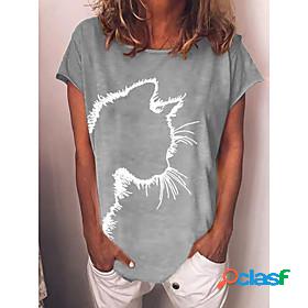 Womens T shirt Cat Print Round Neck Tops Basic Basic Top