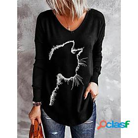 Womens T shirt Cat V Neck Basic Tops Green Blue Black / 3D