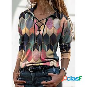Womens T shirt Color Block Long Sleeve Shirt Collar Tops
