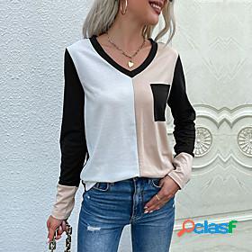 Womens T shirt Color Block V Neck Pocket Patchwork Basic