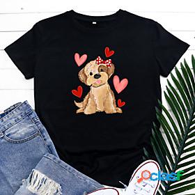 Womens T shirt Dog Heart Animal Round Neck Print Basic