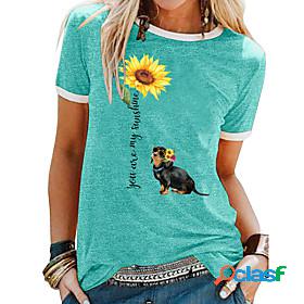 Womens T shirt Dog Sunflower Letter Round Neck Patchwork