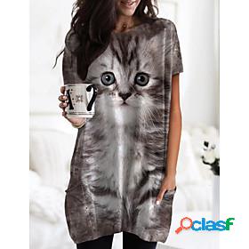 Womens T shirt Dress 3D Cat Painting Cat 3D Animal Round