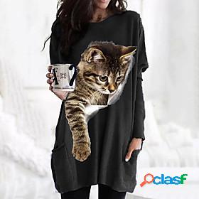 Womens T shirt Dress Cat Graphic 3D Round Neck Pocket Basic