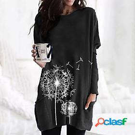 Womens T shirt Dress Graphic Dandelion Round Neck Pocket