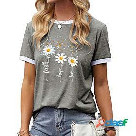 Womens T shirt Floral Daisy Letter Round Neck Patchwork