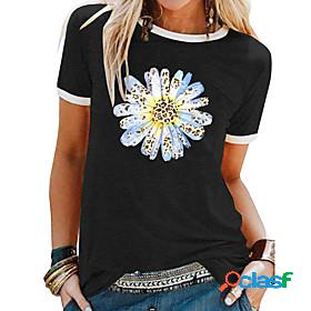 Womens T shirt Floral Daisy Round Neck Patchwork Print Basic
