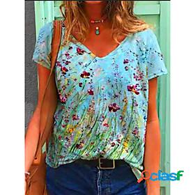 Womens T shirt Floral Graphic V Neck Print Basic Tops Blue