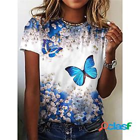 Womens T shirt Floral Plants Butterfly Round Neck Basic Tops