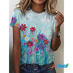 Womens T shirt Floral Plants Round Neck Basic Tops Blue / 3D