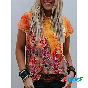 Womens T shirt Floral Print Round Neck Tops Basic Basic Top