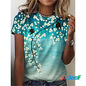 Womens T shirt Floral Round Neck Patchwork Print Basic Tops