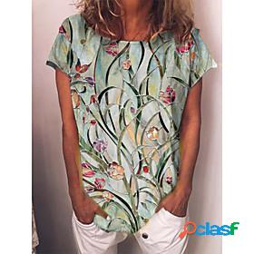 Womens T shirt Floral Round Neck Tops Basic Basic Top Green