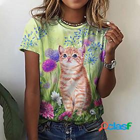 Womens T shirt Floral Theme 3D Cat Painting Floral Cat Round
