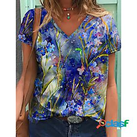 Womens T shirt Floral Theme Abstract Painting Floral V Neck