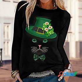 Womens T shirt Floral Theme Cat Lucky Floral Cat Round Neck