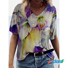 Womens T shirt Floral Theme Floral Plants V Neck Basic Tops