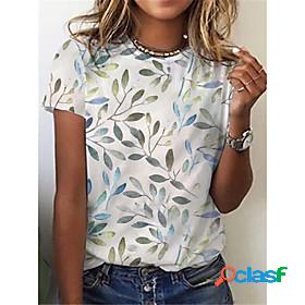 Womens T shirt Floral Theme Leaf Round Neck Basic Tops White