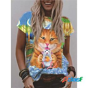 Womens T shirt Floral Theme Painting Floral 3D Animal Round