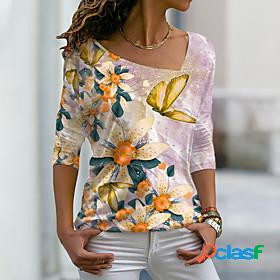 Womens T shirt Floral Theme Painting Floral Butterfly V Neck