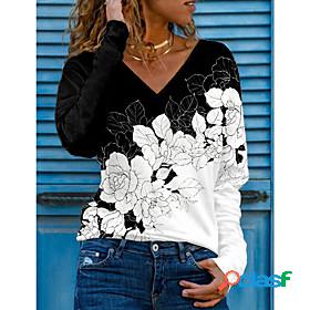 Women's T shirt Floral Theme Painting Floral Color Block V