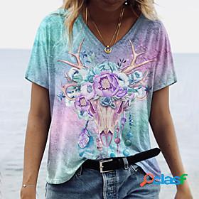 Women's T shirt Floral Theme Painting Floral Reindeer V Neck