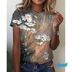 Womens T shirt Floral Theme Painting Floral Round Neck Print