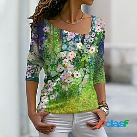 Womens T shirt Floral Theme Painting Floral V Neck Print