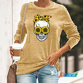 Women's T shirt Floral Theme Painting Skull Sunflower Round