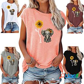 Womens T shirt Floral Theme Painting Sunflower Animal Round