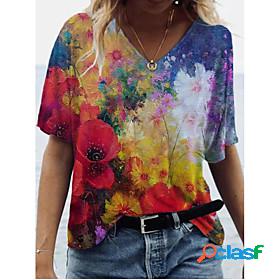 Womens T shirt Floral V Neck Print Boho Tops Red / 3D Print