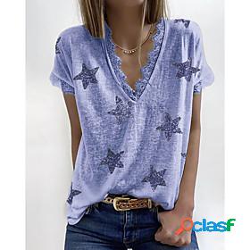 Womens T shirt Graphic Color Block Lace Trims Print V Neck