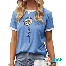 Womens T shirt Graphic Daisy Letter Round Neck Patchwork