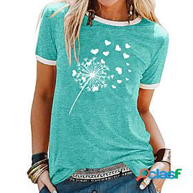 Womens T shirt Graphic Heart Dandelion Round Neck Patchwork