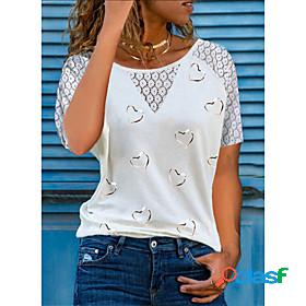 Womens T shirt Graphic Heart Lace Patchwork Print Round Neck